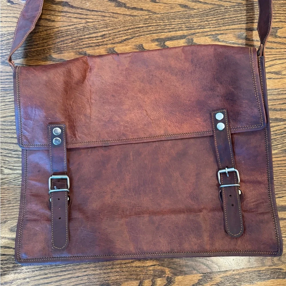 Brown leather messenger bag